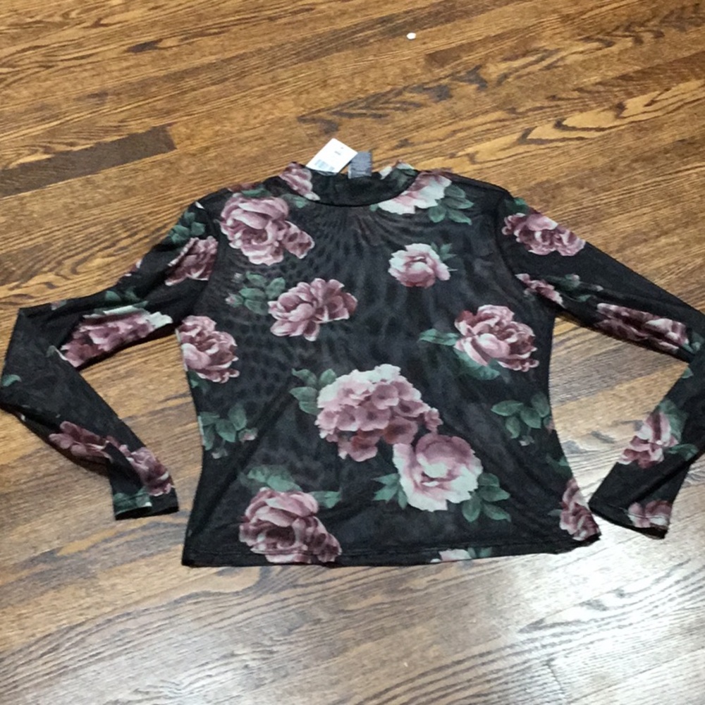 Long Sleeve Mock Neck Sheer Floral Mesh Top NWT
